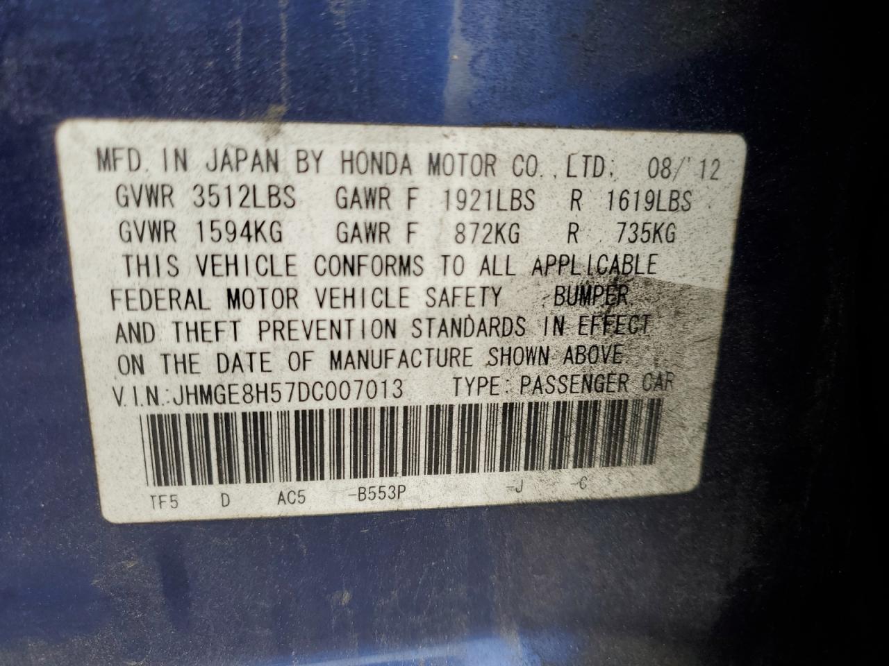 2013 Honda Fit Sport VIN: JHMGE8H57DC007013 Lot: 60755505