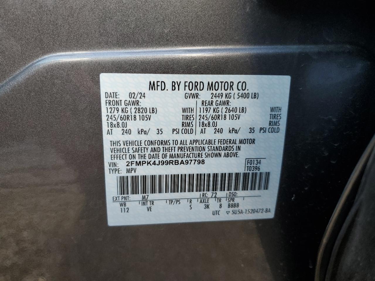 2024 Ford Edge Sel VIN: 2FMPK4J99RBA97798 Lot: 62890115