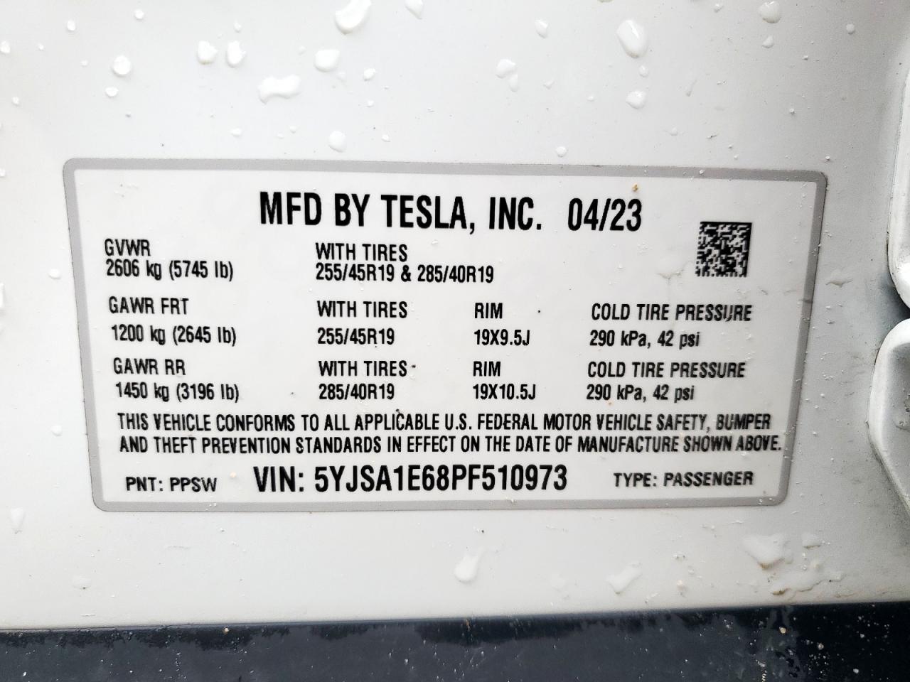 2023 Tesla Model S VIN: 5YJSA1E68PF510973 Lot: 63005675