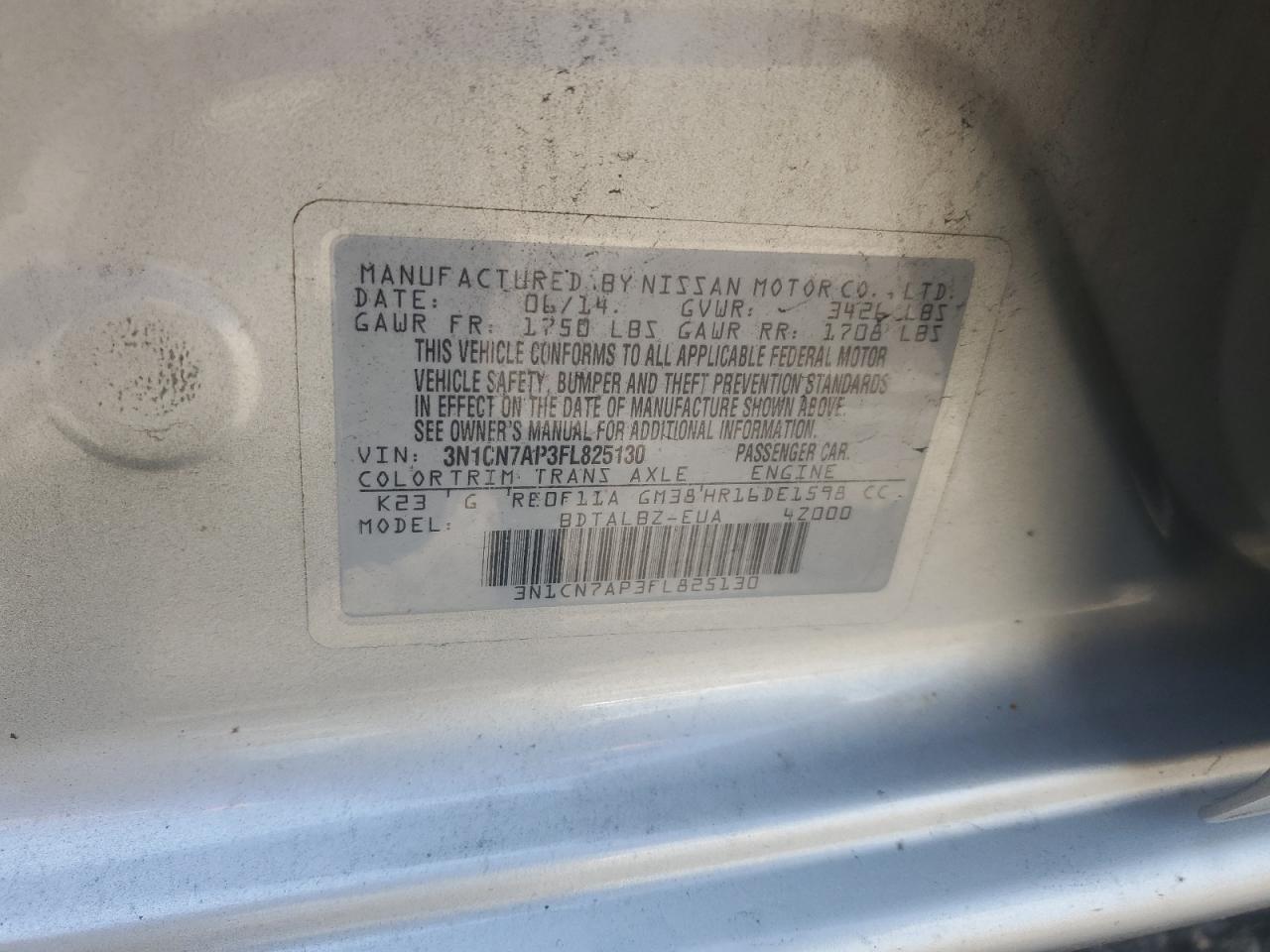 2015 Nissan Versa S VIN: 3N1CN7AP3FL825130 Lot: 61482095