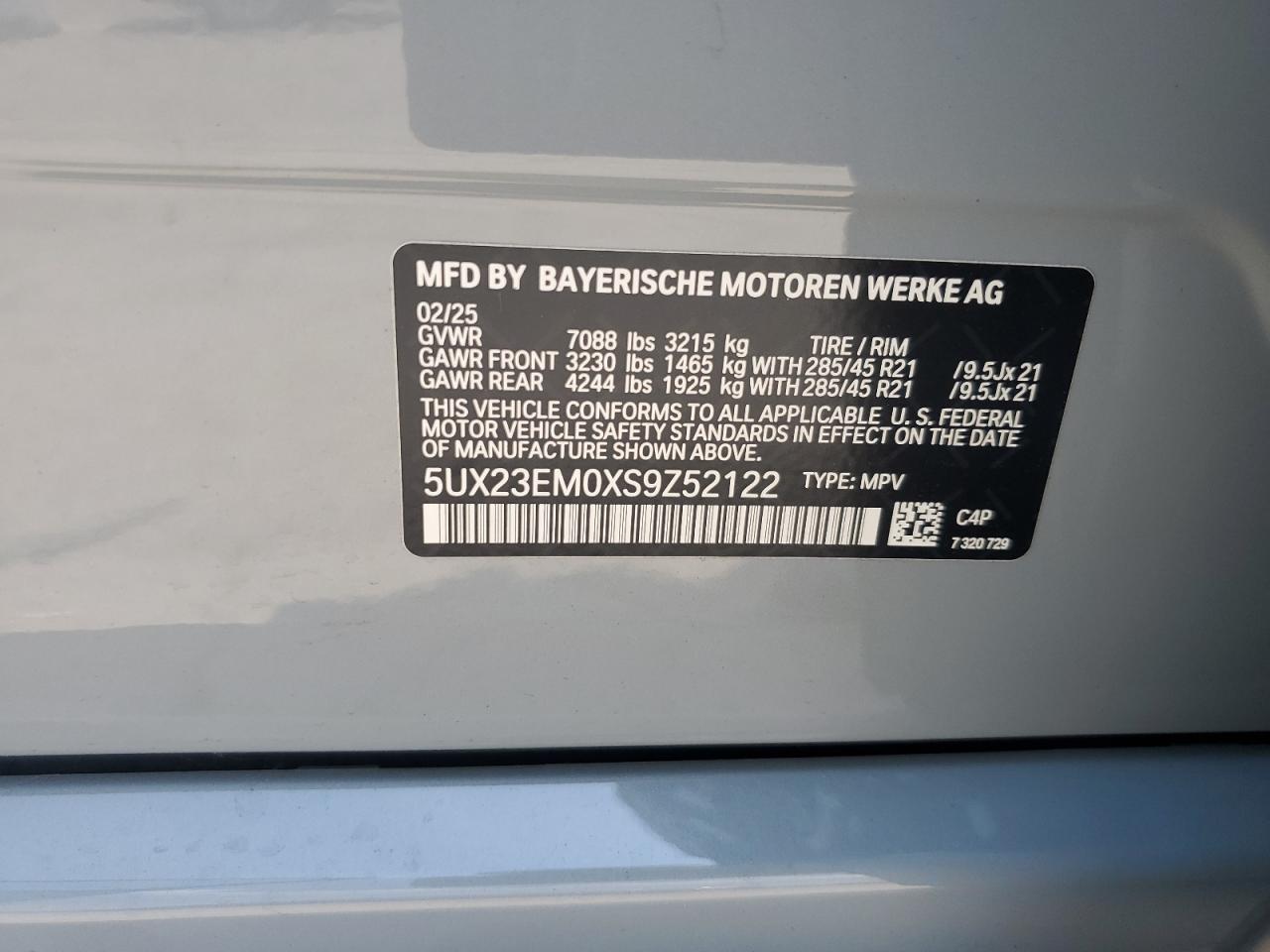2025 BMW X7 xDrive40I VIN: 5UX23EM0XS9Z52122 Lot: 61914735