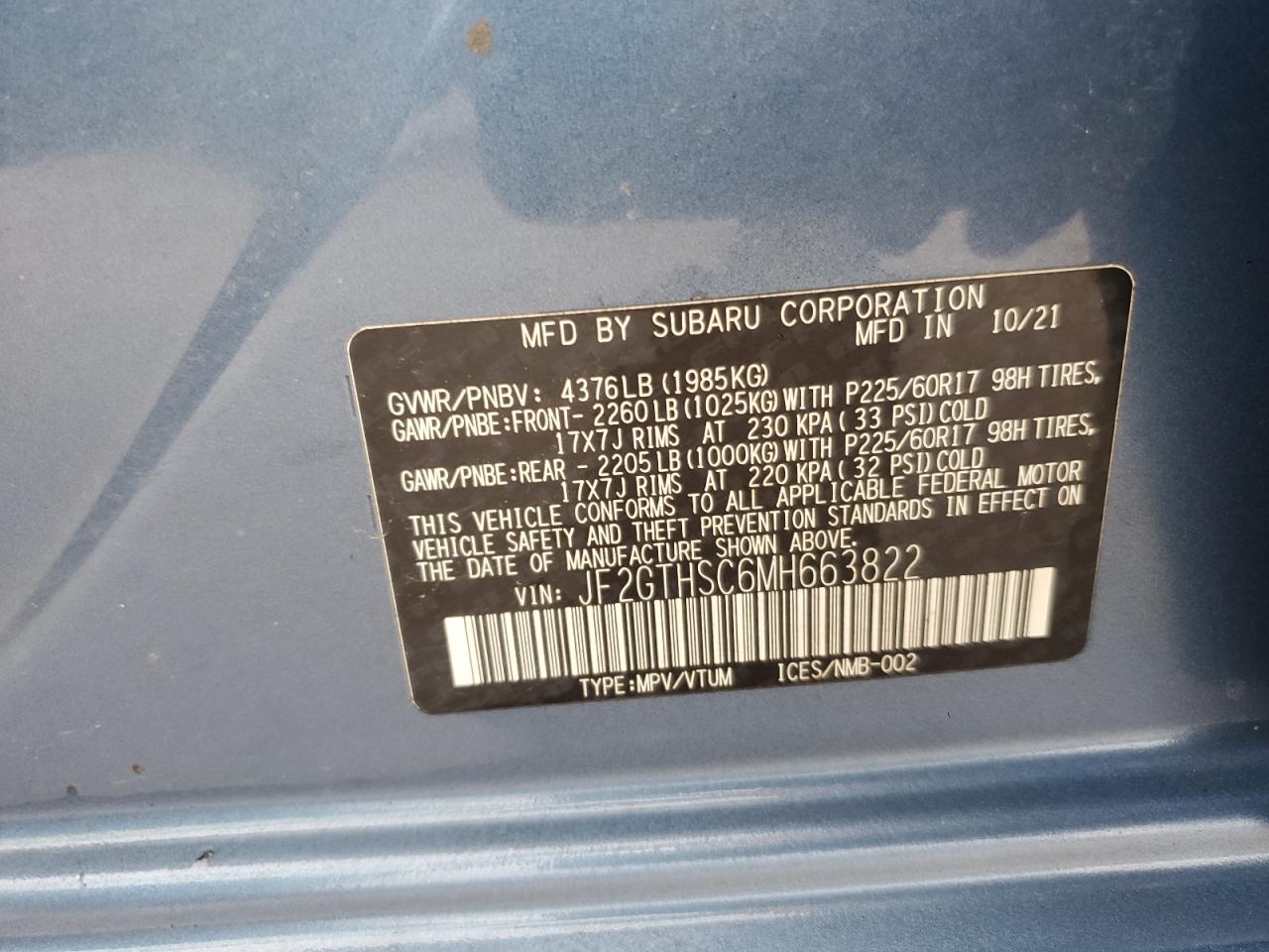 2021 Subaru Crosstrek Sport VIN: JF2GTHSC6MH663822 Lot: 60556495