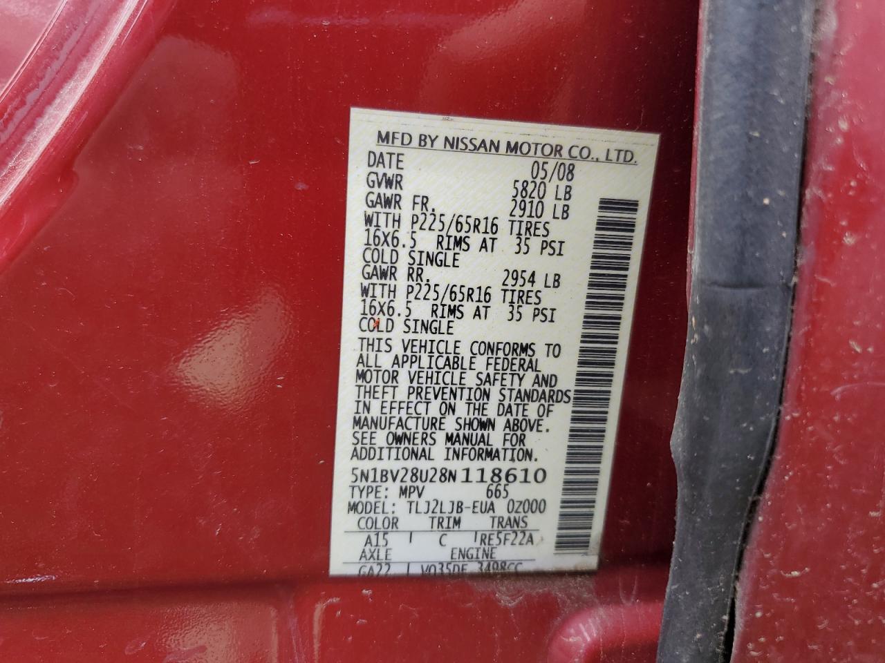 2008 Nissan Quest S VIN: 5N1BV28U28N118610 Lot: 62344615