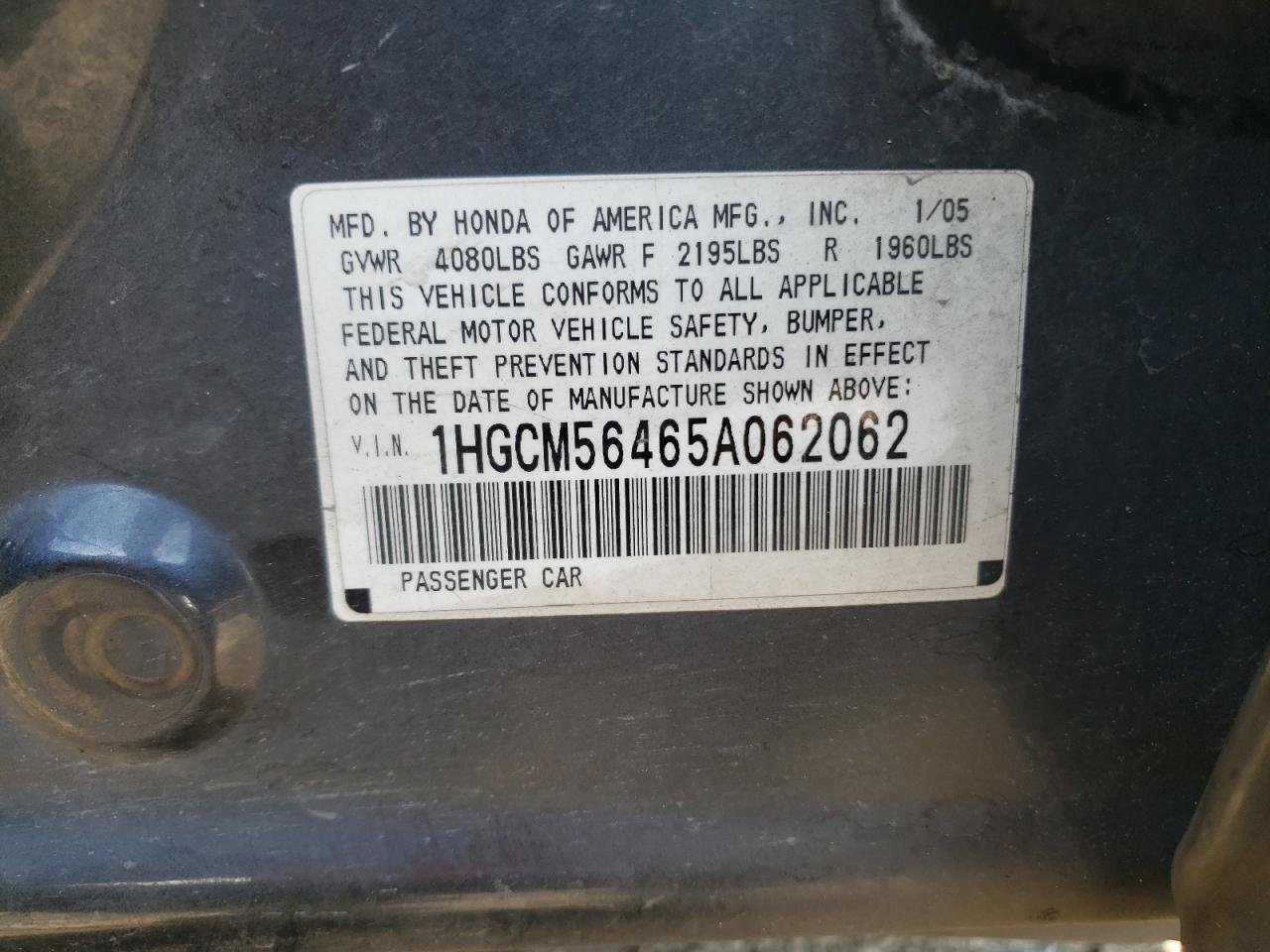 2005 Honda Accord Lx VIN: 1HGCM56465A062062 Lot: 59871615