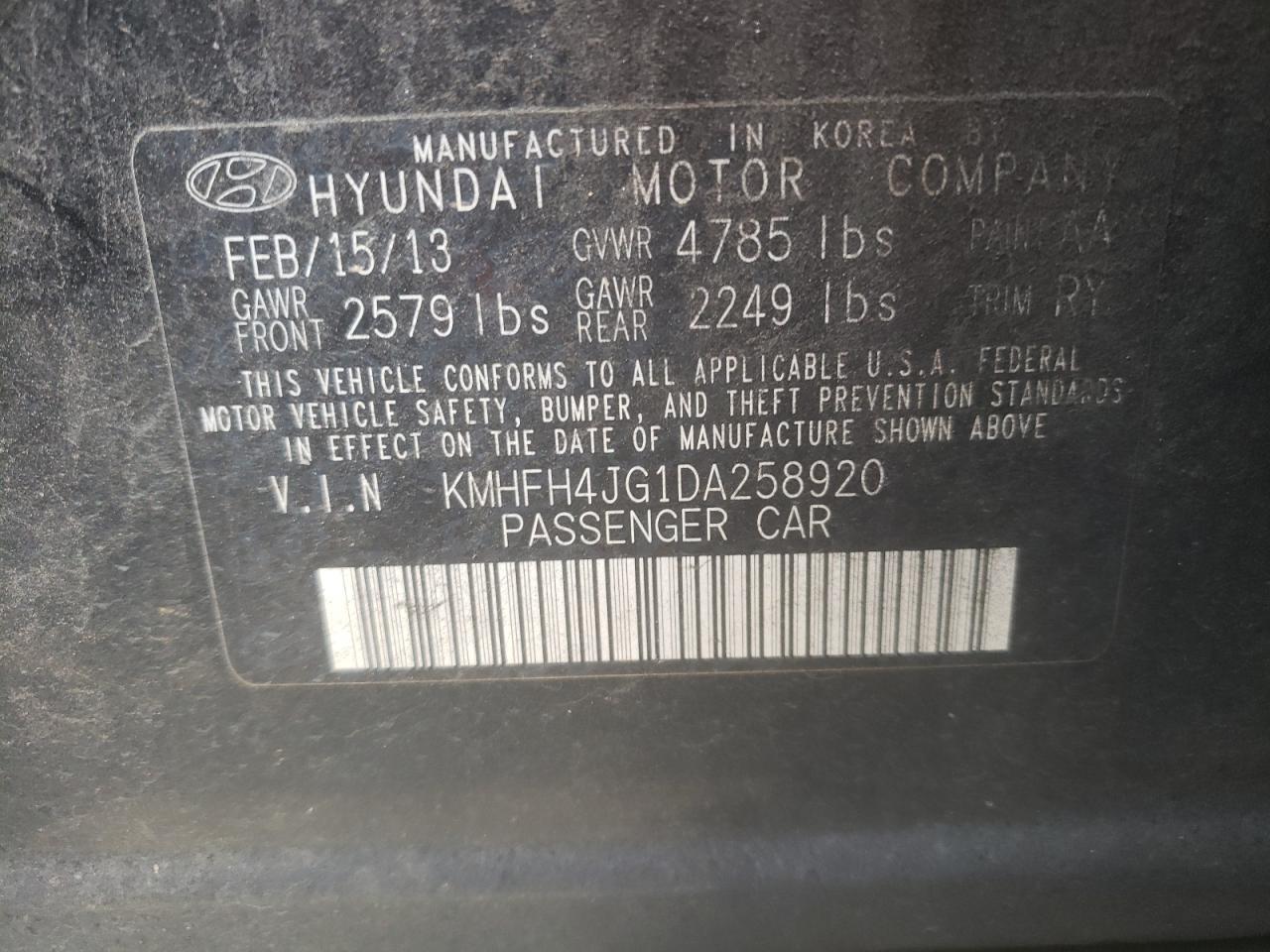 2013 Hyundai Azera Gls VIN: KMHFH4JG1DA258920 Lot: 60296415