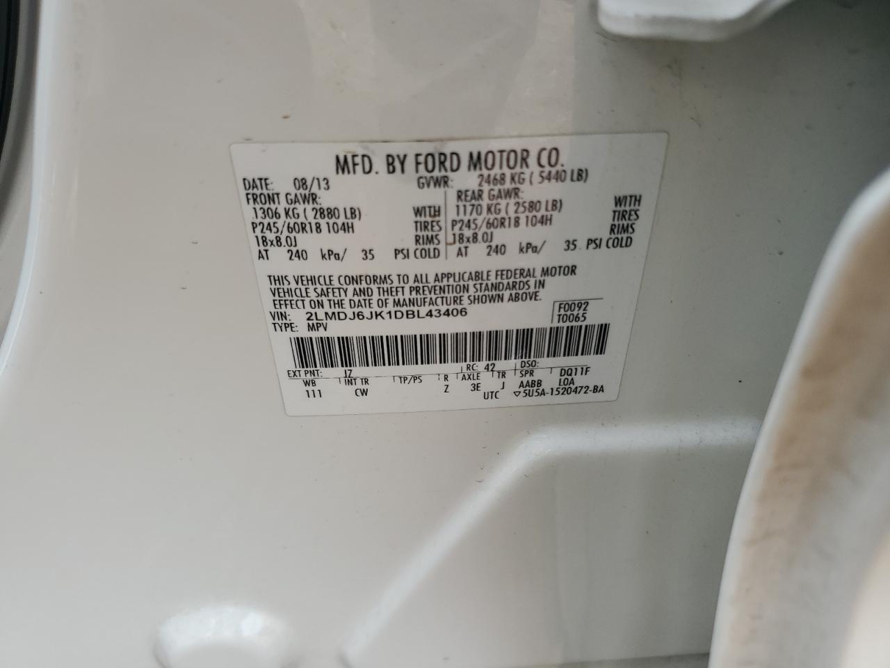 2013 Lincoln Mkx VIN: 2LMDJ6JK1DBL43406 Lot: 60035315