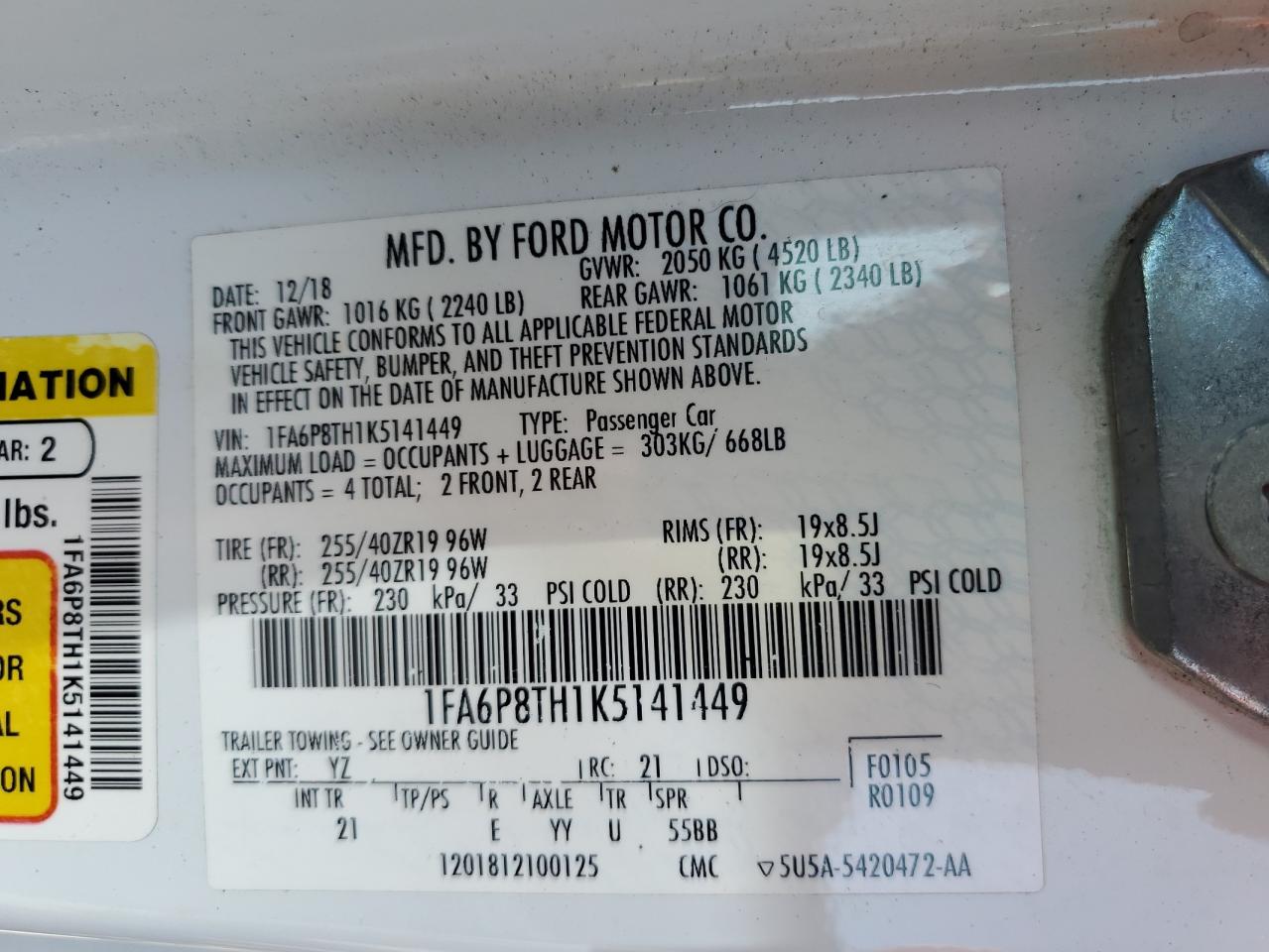 2019 Ford Mustang VIN: 1FA6P8TH1K5141449 Lot: 61192095