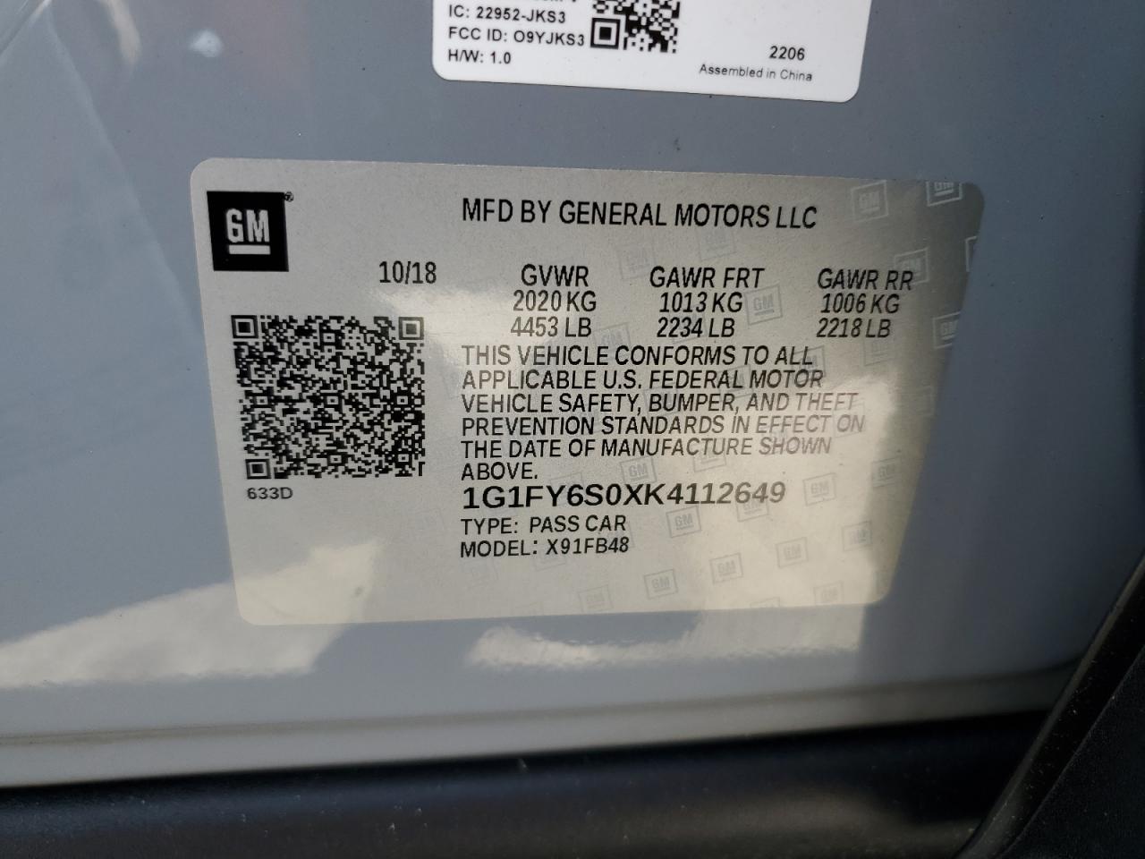 2019 Chevrolet Bolt Ev Lt VIN: 1G1FY6S0XK4112649 Lot: 62604245