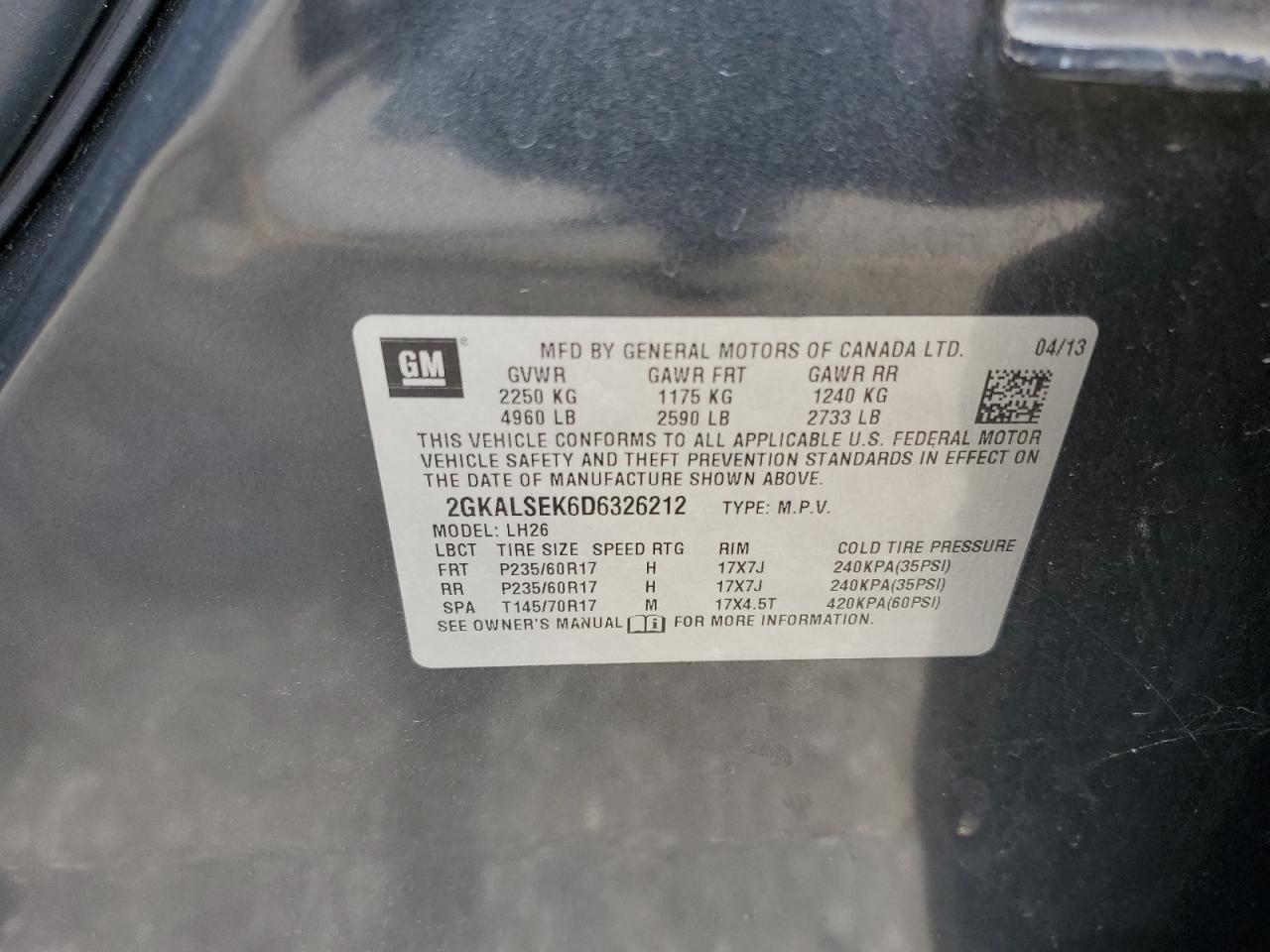 2013 GMC Terrain Sle VIN: 2GKALSEK6D6326212 Lot: 62527345