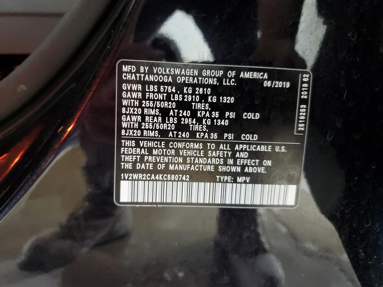 2019 Volkswagen Atlas Se VIN: 1V2WR2CA4KC580742 Lot: 62608385