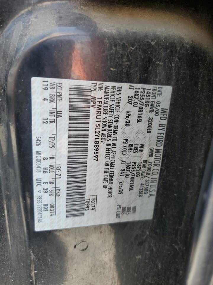 2000 Ford Expedition Xlt VIN: 1FMRU15L2YLB89597 Lot: 60911465