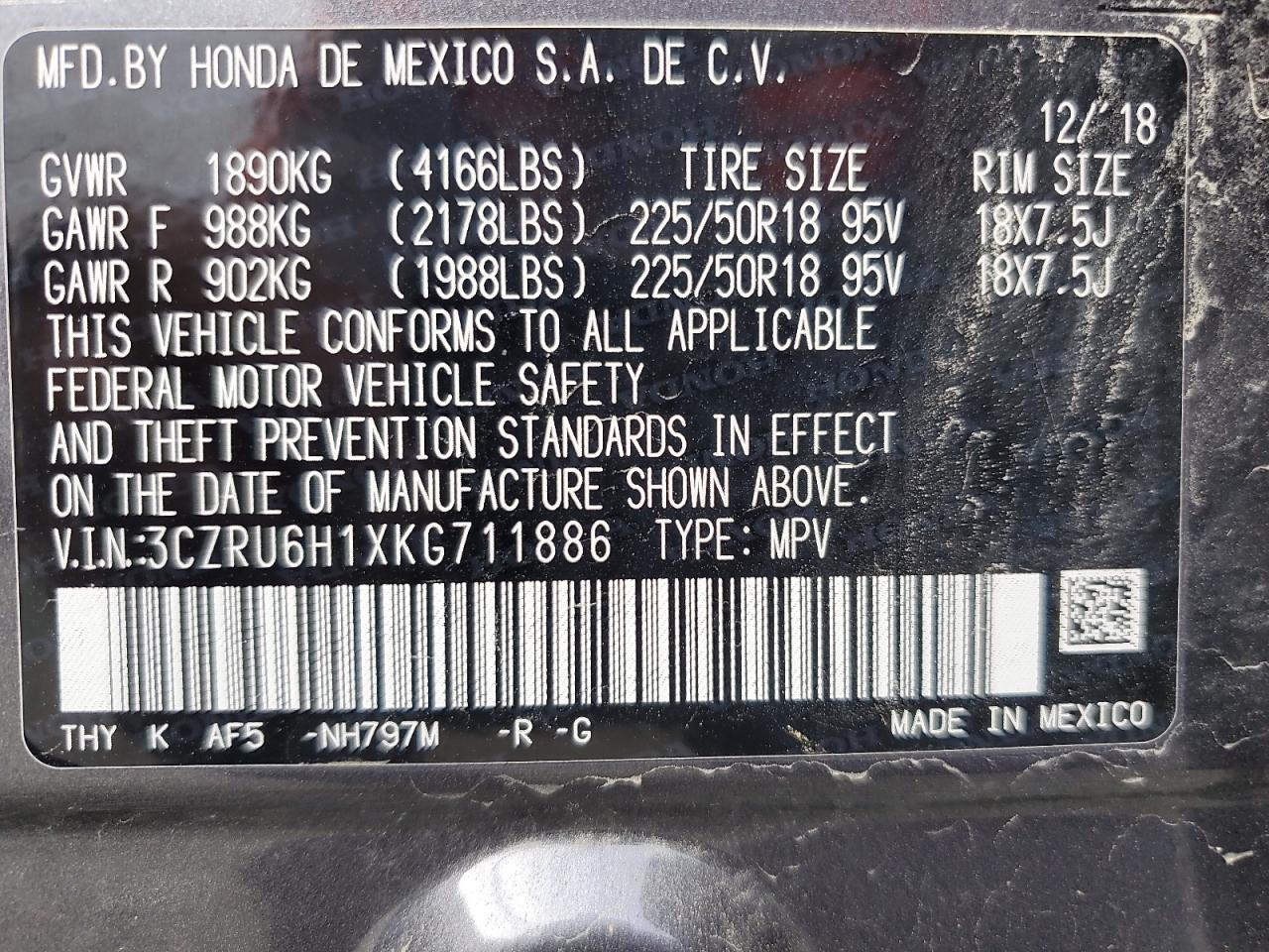 2019 Honda Hr-V Sport VIN: 3CZRU6H1XKG711886 Lot: 58934205