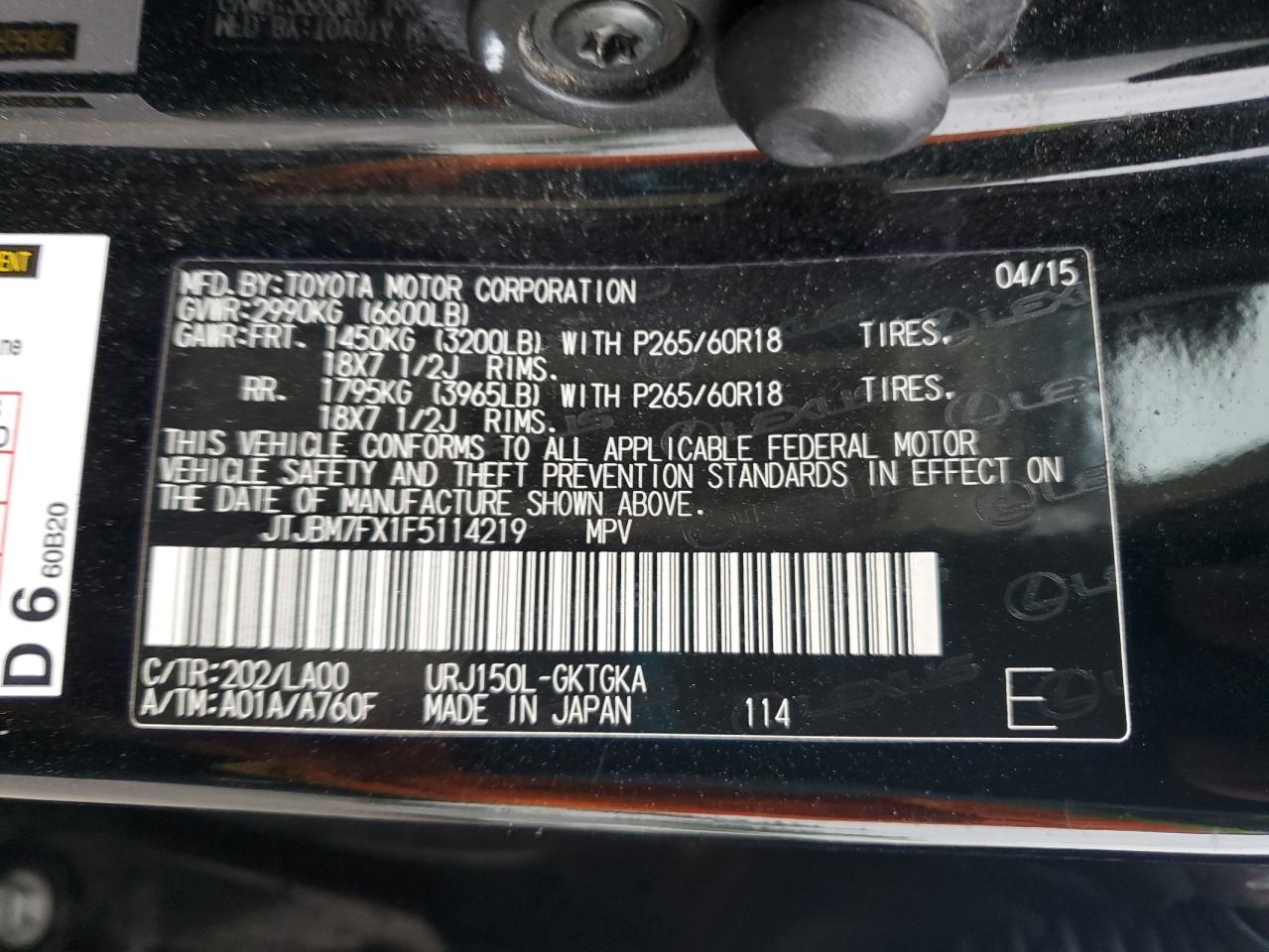 2015 Lexus Gx 460 VIN: JTJBM7FX1F5114219 Lot: 59698575