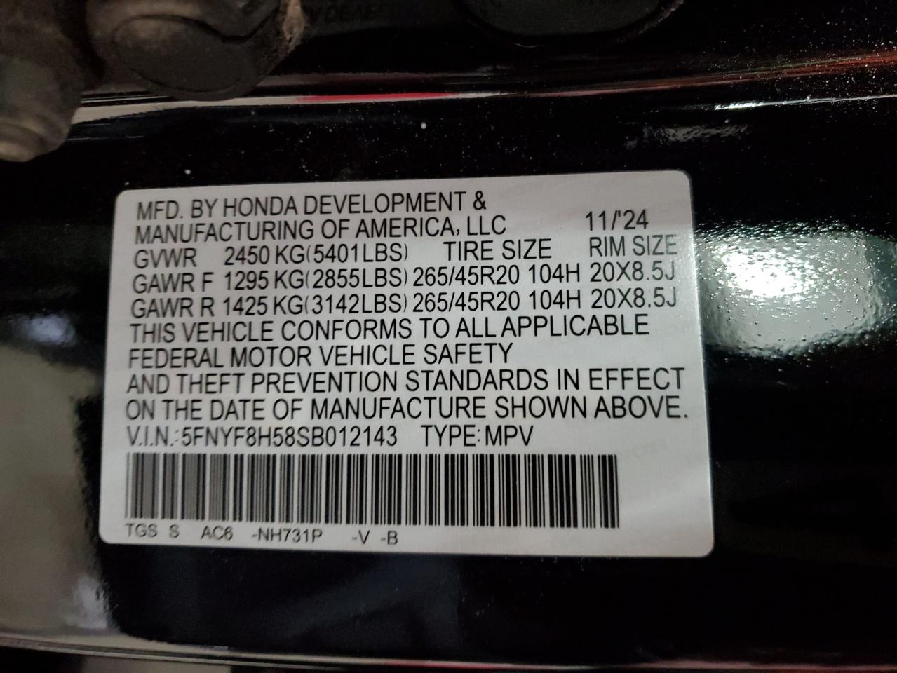 2025 Honda Passport Exl VIN: 5FNYF8H58SB012143 Lot: 60913695