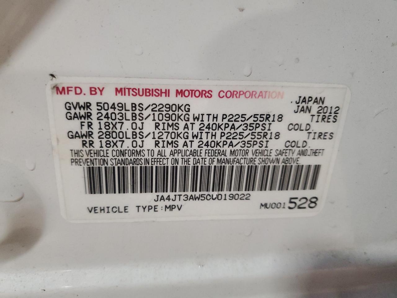 2012 Mitsubishi Outlander Se VIN: JA4JT3AW5CU019022 Lot: 62700265