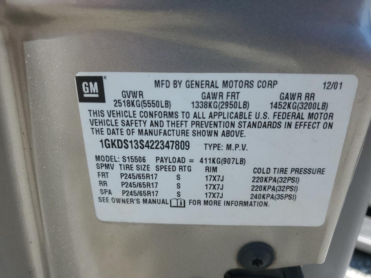 2002 GMC Envoy VIN: 1GKDS13S422347809 Lot: 61777755
