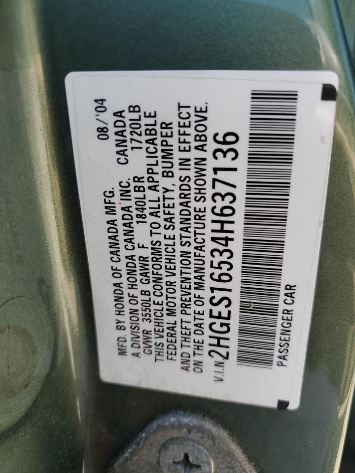 2004 Honda Civic Lx VIN: 2HGES16534H637136 Lot: 62274095