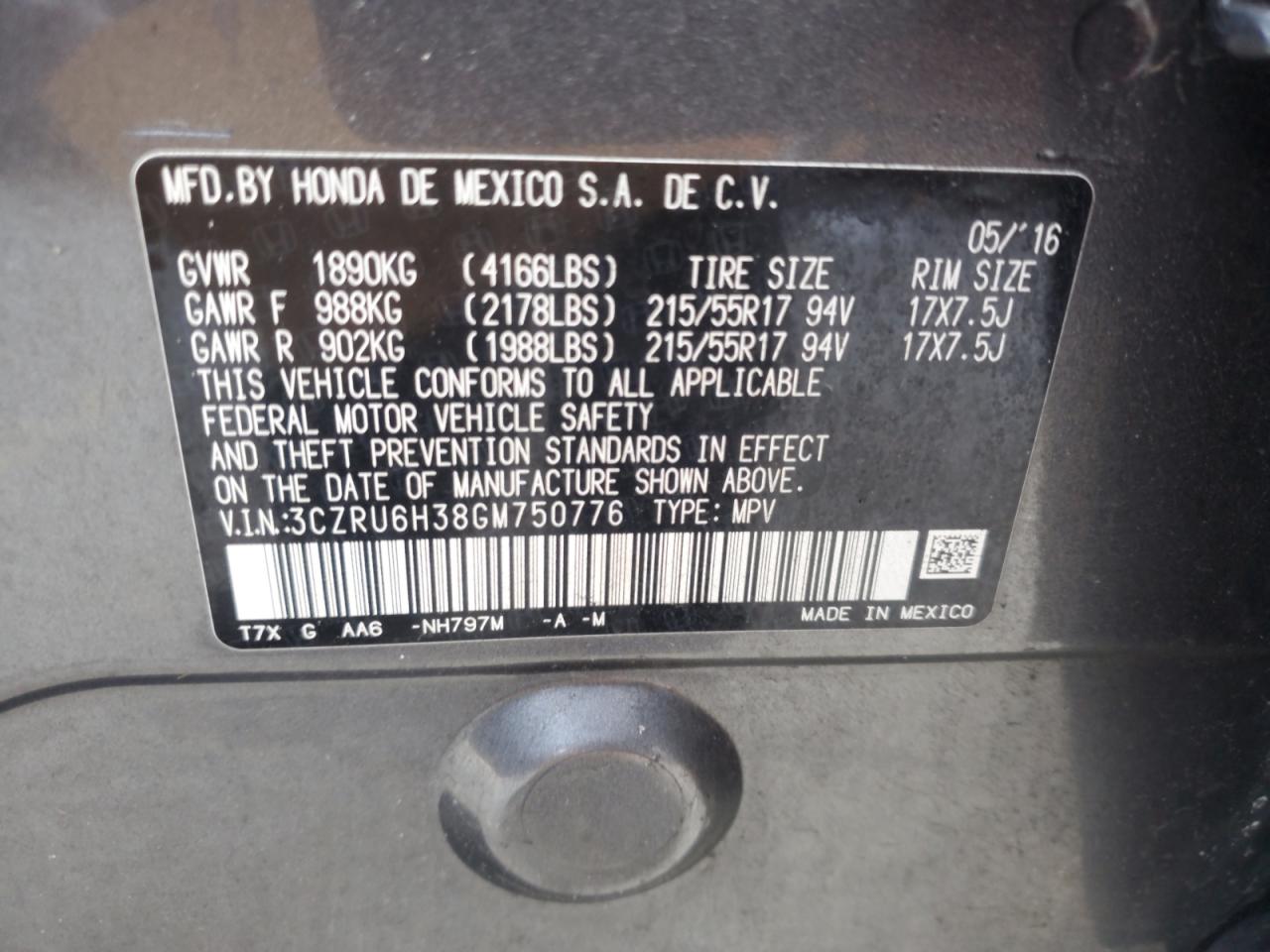 2016 Honda Hr-V Lx VIN: 3CZRU6H38GM750776 Lot: 61599745