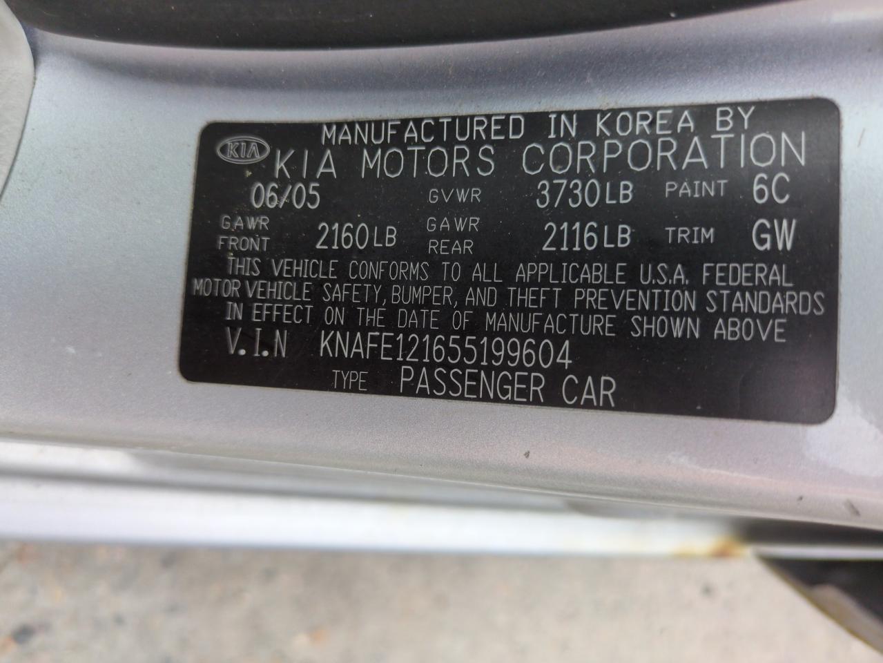 2005 Kia Spectra Lx VIN: KNAFE121655199604 Lot: 62294675