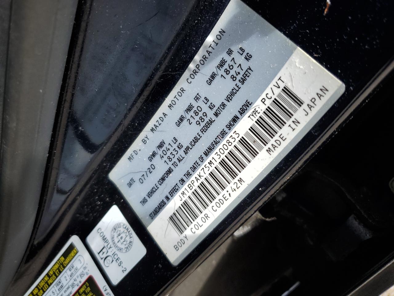2021 Mazda 3 Select VIN: JM1BPAK75M1300833 Lot: 62755835