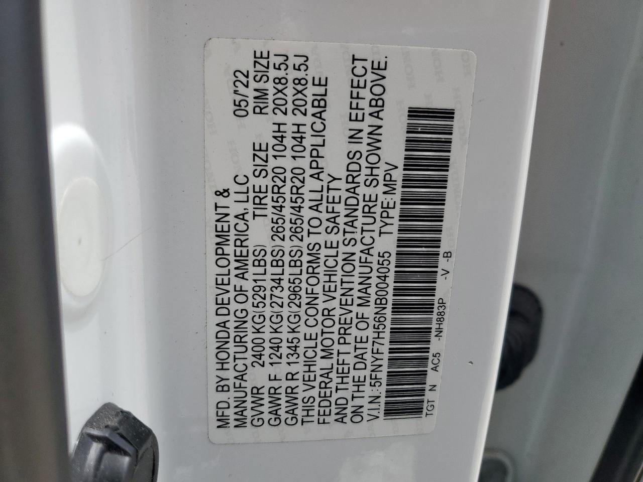 2022 Honda Passport Exl VIN: 5FNYF7H56NB004055 Lot: 59491315