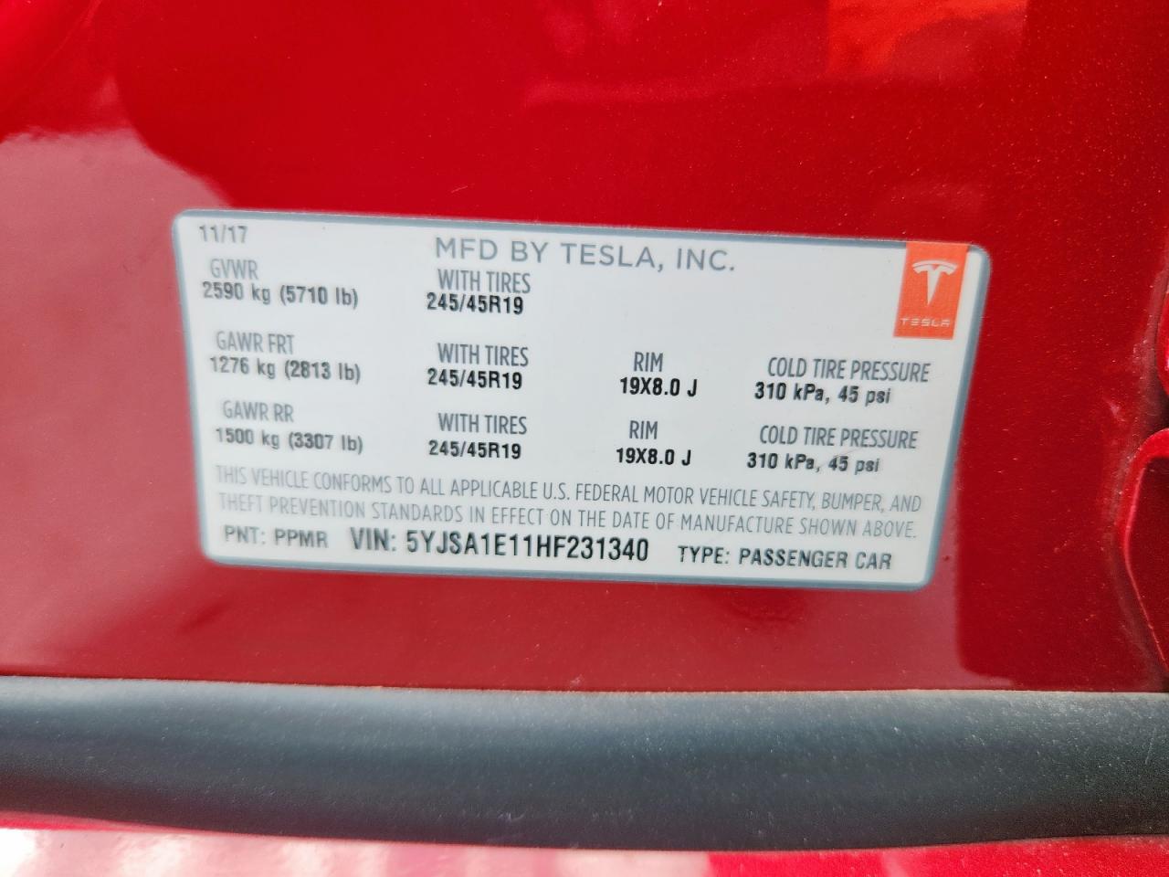 2017 Tesla Model S VIN: 5YJSA1E11HF231340 Lot: 62087375