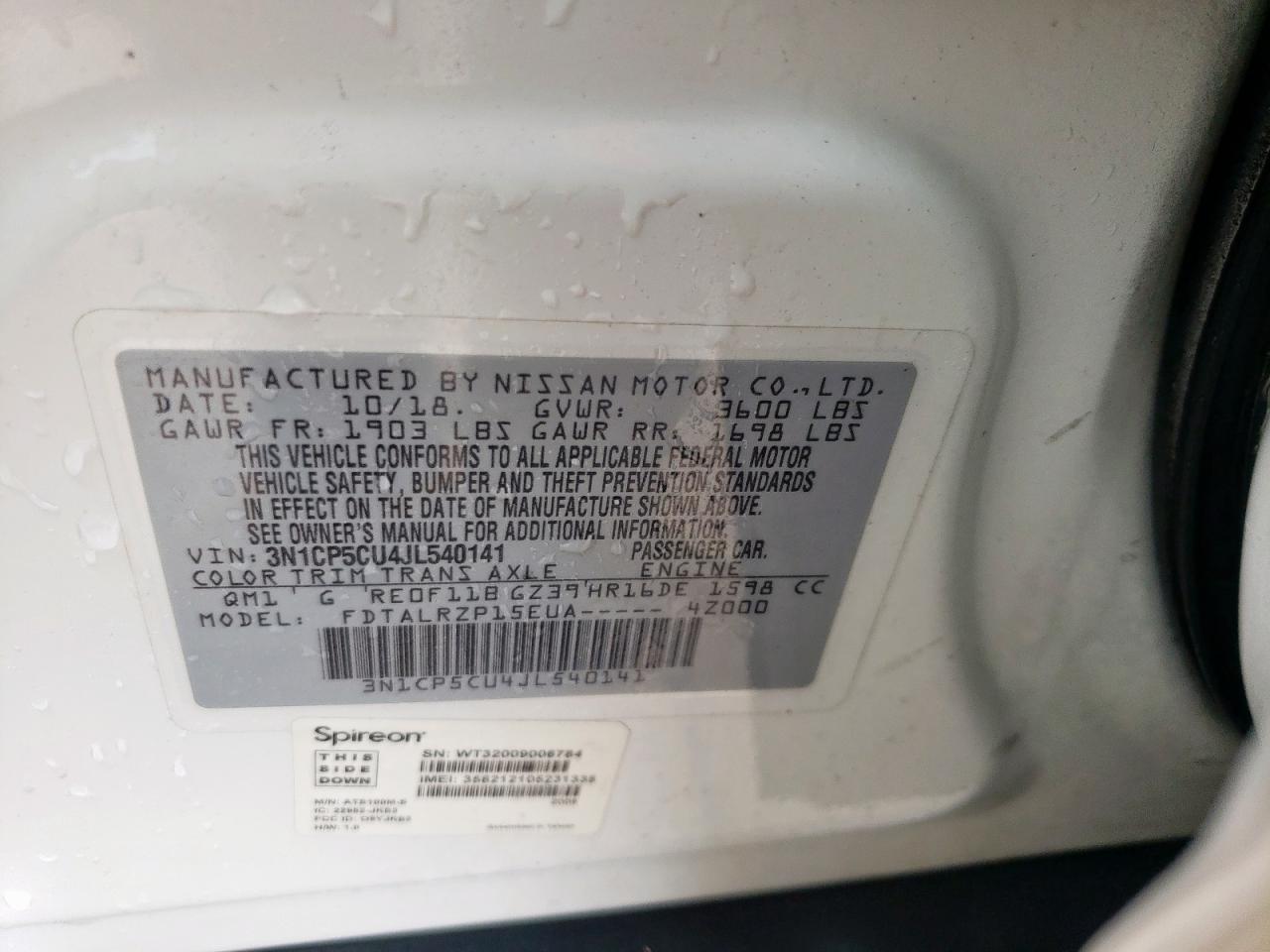 2018 Nissan Kicks S VIN: 3N1CP5CU4JL540141 Lot: 59591755