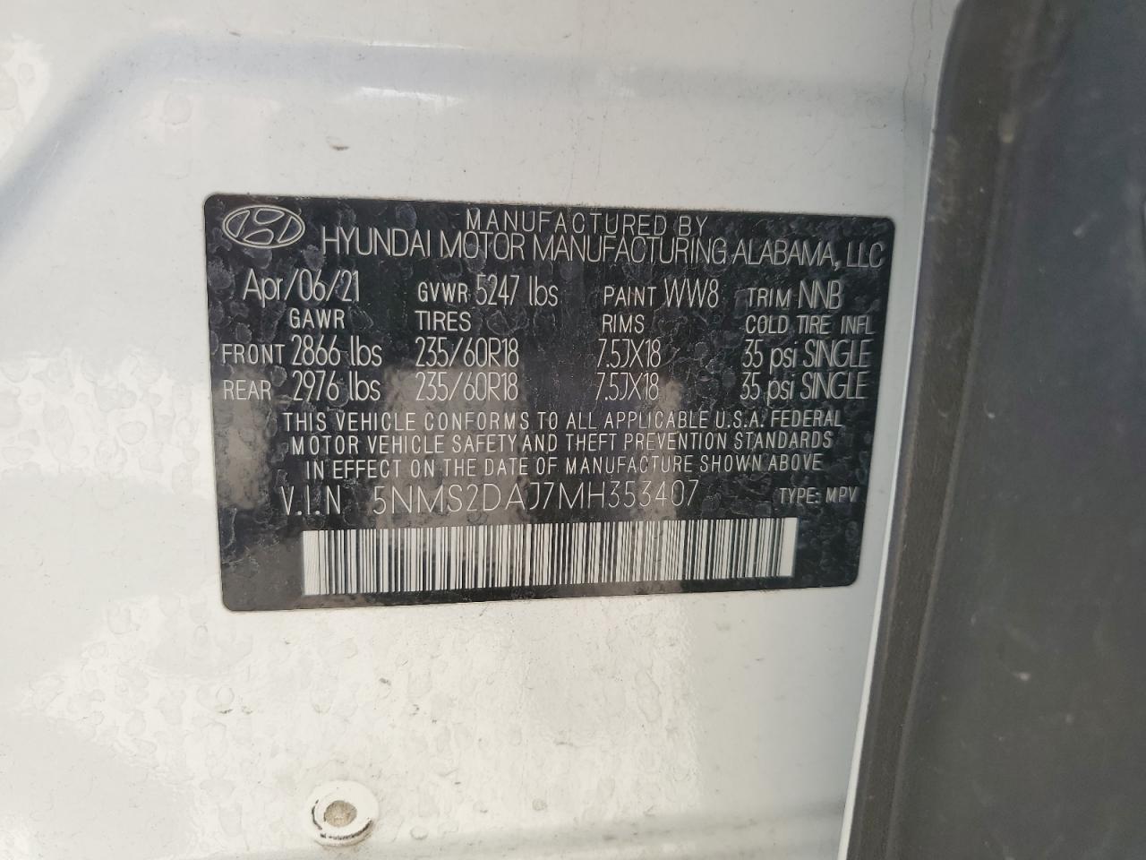 2021 Hyundai Santa Fe Sel VIN: 5NMS2DAJ7MH353407 Lot: 62416185