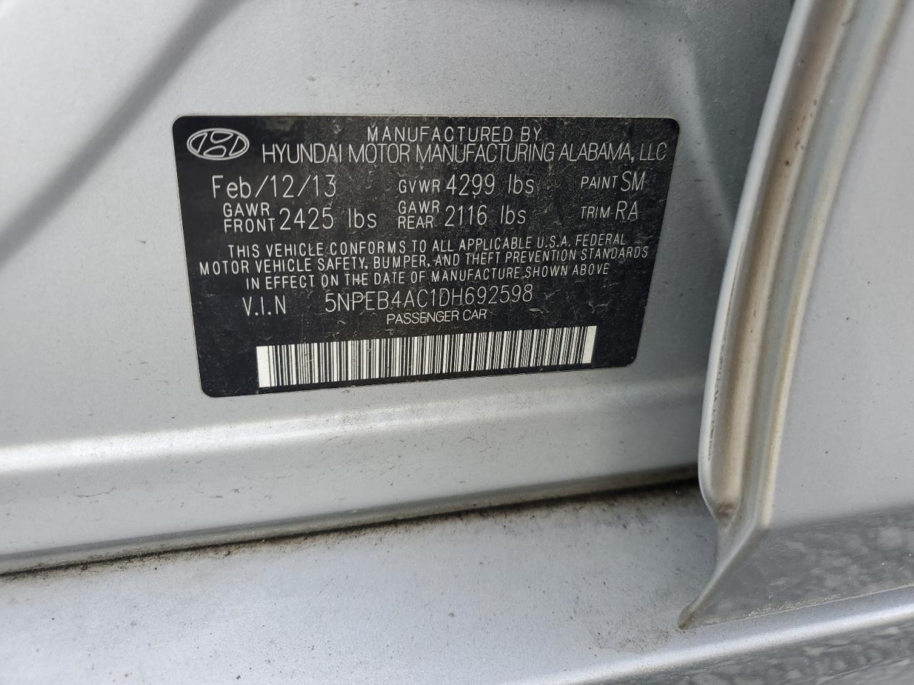 2013 Hyundai Sonata Gls VIN: 5NPEB4AC1DH692598 Lot: 60256005