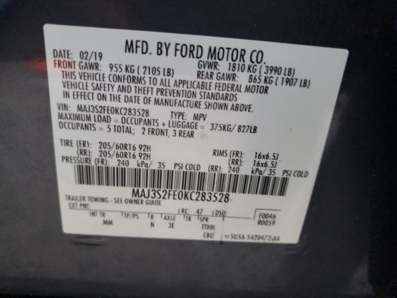 2019 Ford Ecosport S VIN: MAJ3S2FE0KC283528 Lot: 61965965