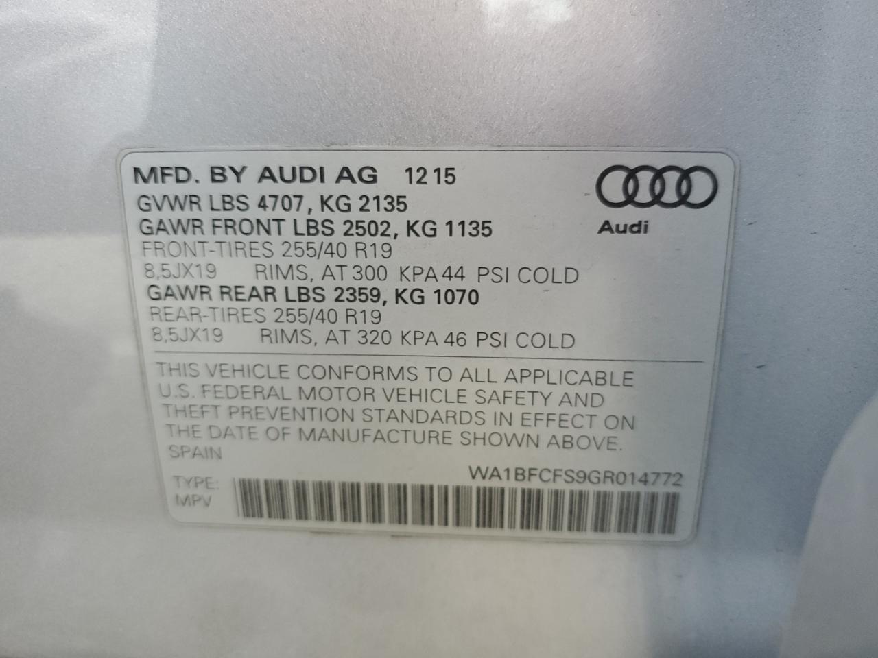 2016 Audi Q3 Premium Plus VIN: WA1BFCFS9GR014772 Lot: 61780765