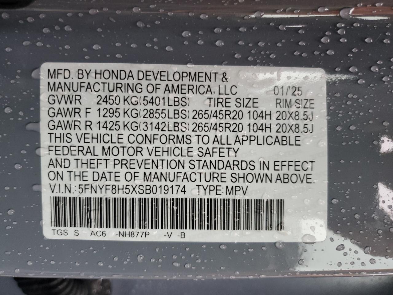2025 Honda Passport Exl VIN: 5FNYF8H5XSB019174 Lot: 60370915