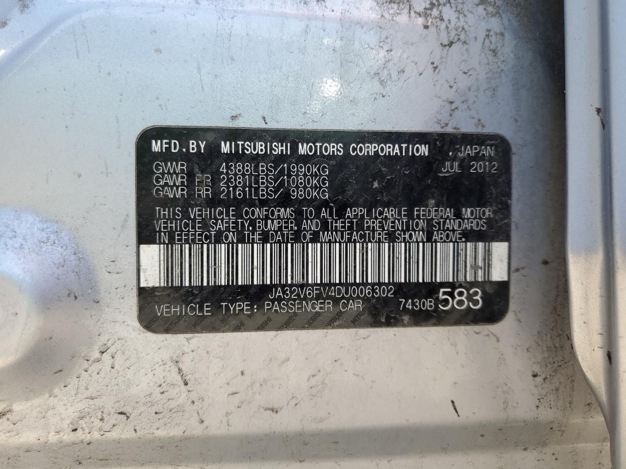 2013 Mitsubishi Lancer Ralliart VIN: JA32V6FV4DU006302 Lot: 59794745
