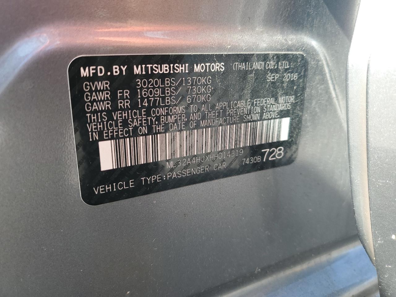 2017 Mitsubishi Mirage Se VIN: ML32A4HJXHH014319 Lot: 62009295
