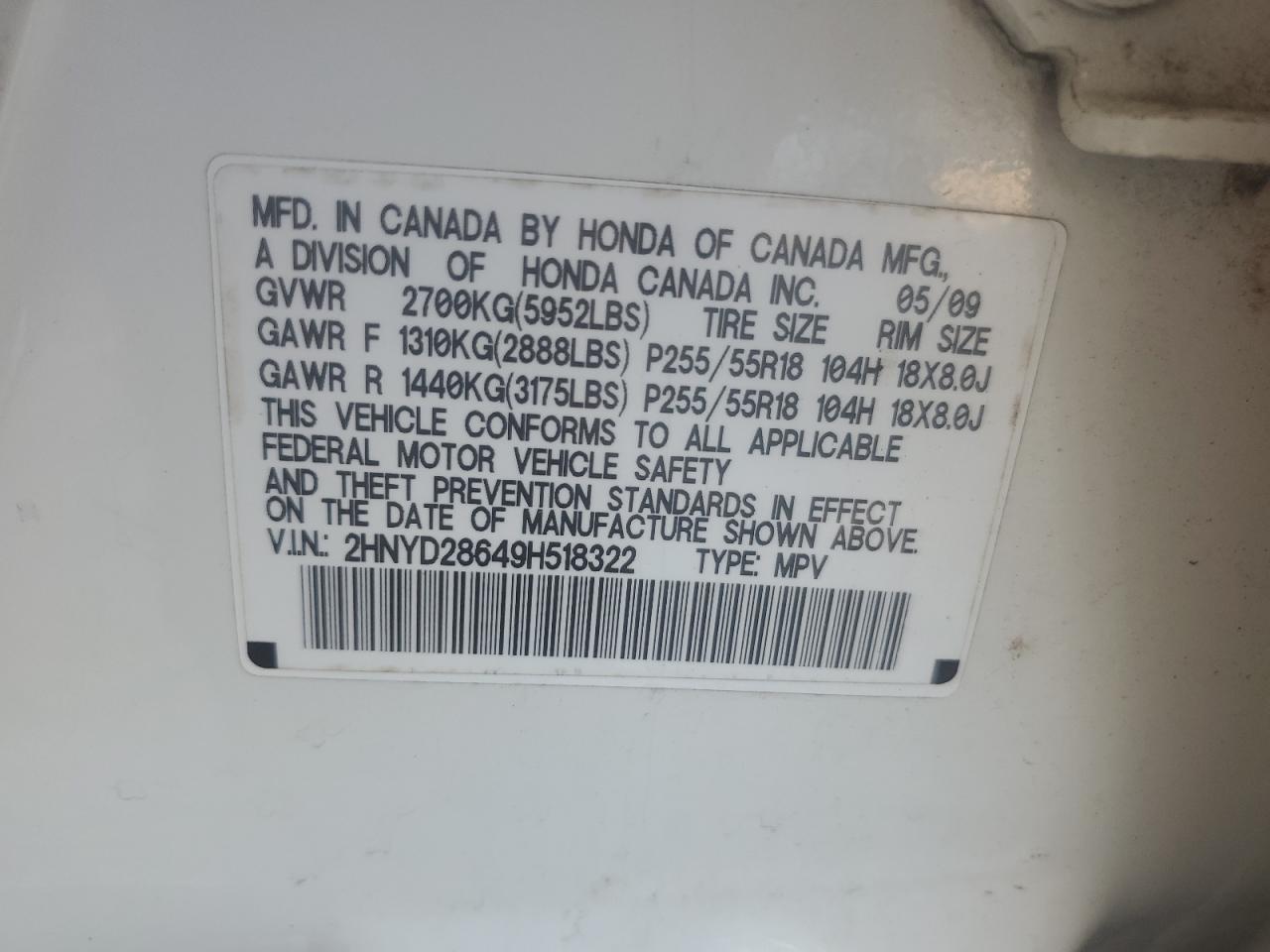 2009 Acura Mdx Technology VIN: 2HNYD28649H518322 Lot: 59912515