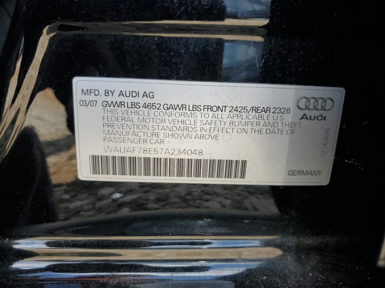 2007 Audi A4 2 VIN: WAUAF78E57A234048 Lot: 62899875