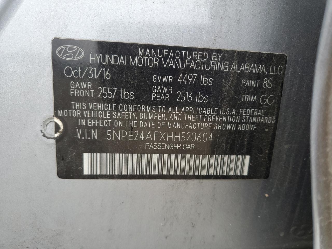 2017 Hyundai Sonata Se VIN: 5NPE24AFXHH520604 Lot: 62814255