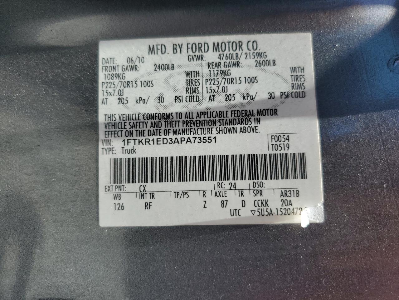 2010 Ford Ranger Super Cab VIN: 1FTKR1ED3APA73551 Lot: 62852705
