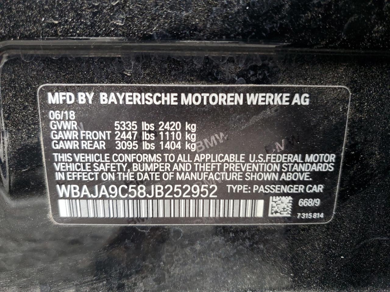 2018 BMW 530E VIN: WBAJA9C58JB252952 Lot: 59736805