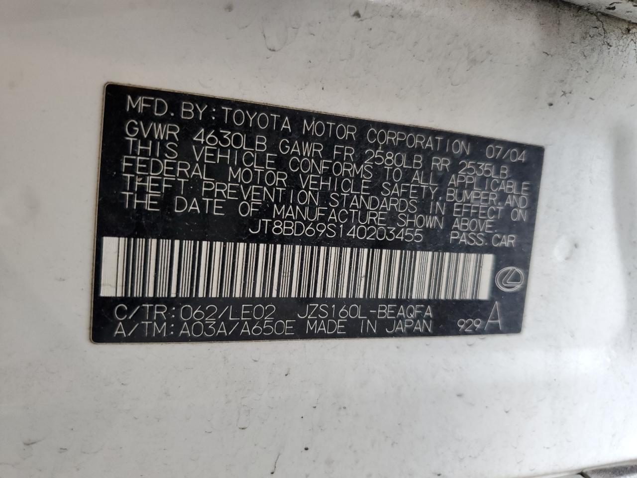 2004 Lexus Gs 300 VIN: JT8BD69S140203455 Lot: 60315295