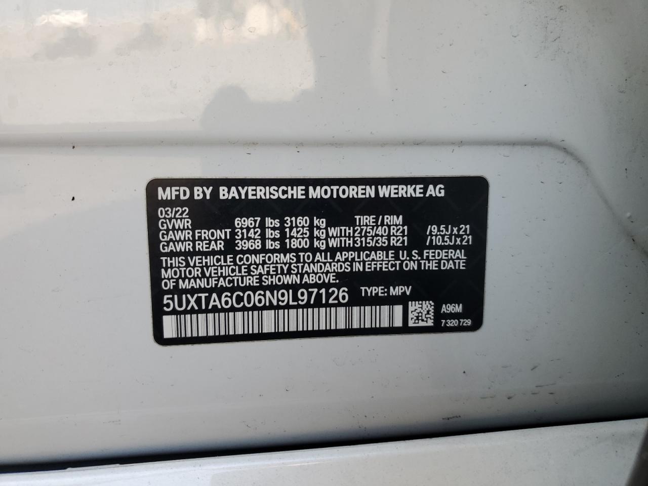 2022 BMW X5 xDrive45E VIN: 5UXTA6C05N9L97179 Lot: 62337965