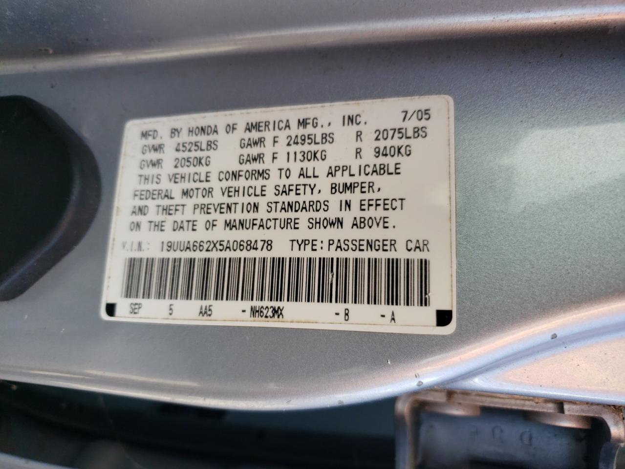2005 Acura Tl VIN: 19UUA662X5A068478 Lot: 61725275