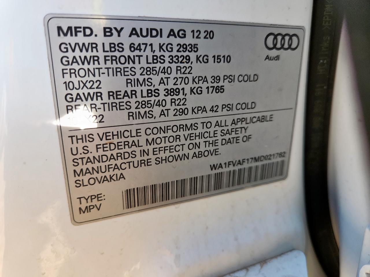 2021 Audi Q8 Prestige S-Line VIN: WA1FVAF17MD021762 Lot: 61082515