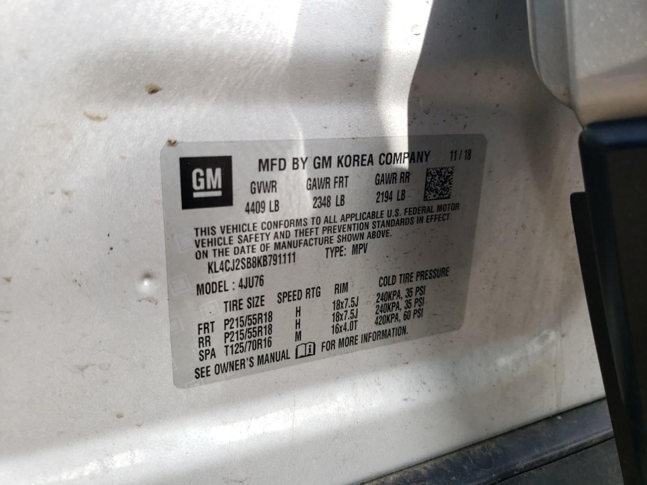 2019 Buick Encore Sport Touring VIN: KL4CJ2SB8KB791111 Lot: 60409105
