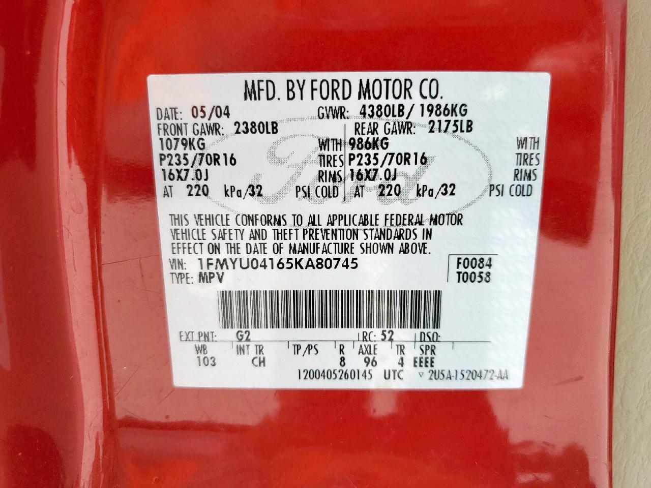 2005 Ford Escape Limited VIN: 1FMYU04165KA80745 Lot: 61662575