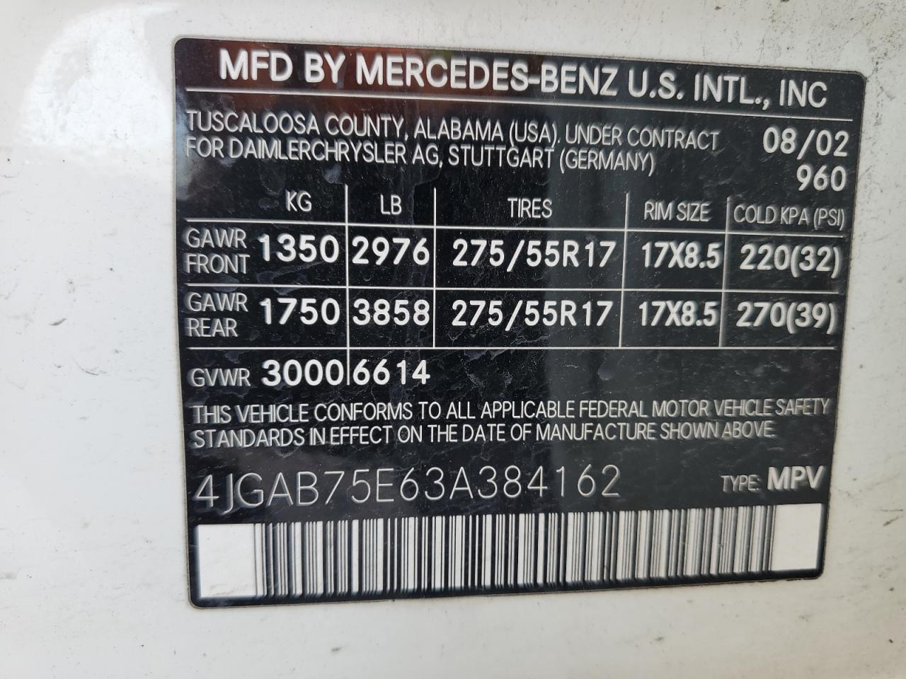 2003 Mercedes-Benz Ml 500 VIN: 4JGAB75E63A384162 Lot: 60877185