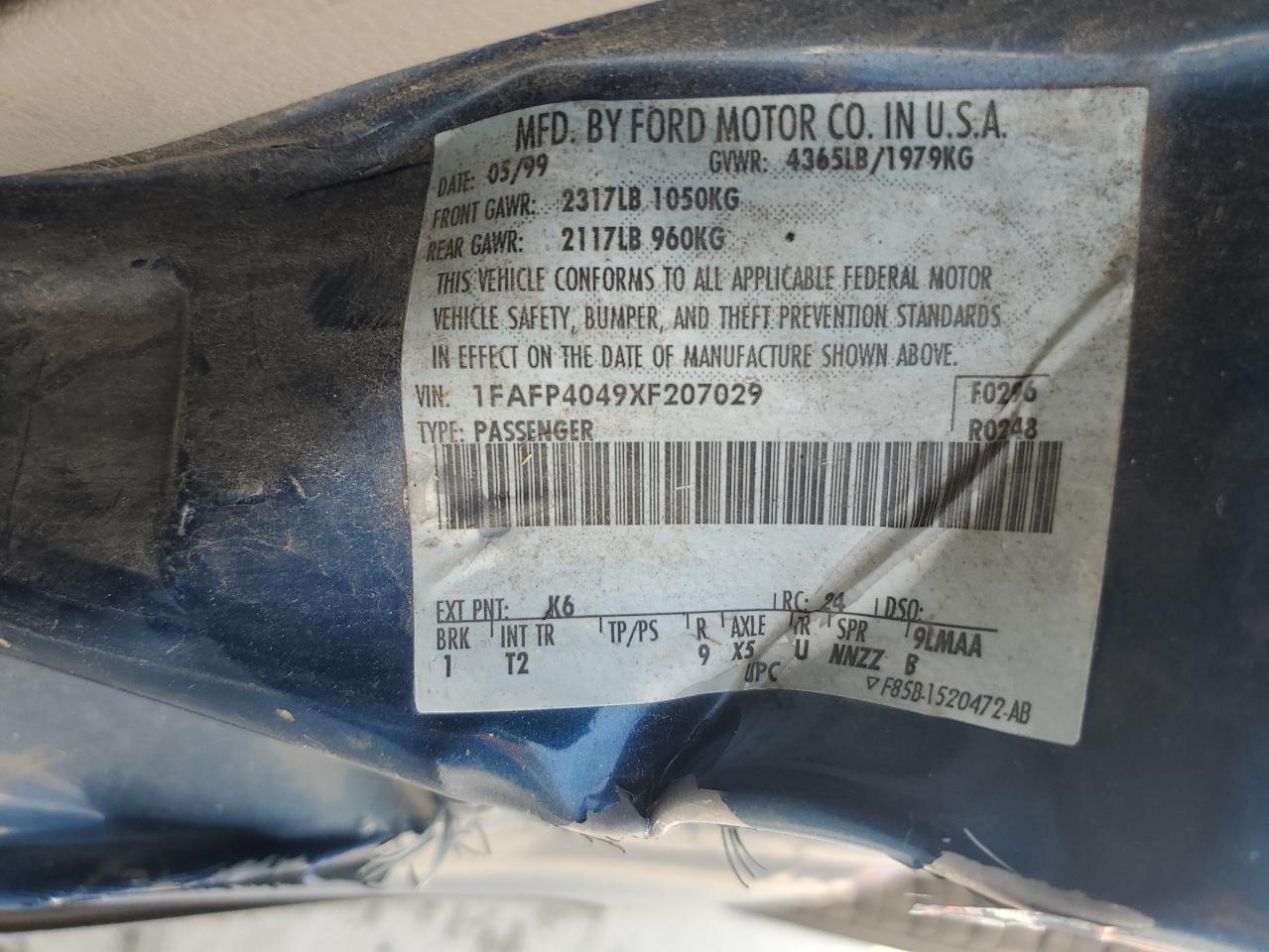 1999 Ford Mustang VIN: 1FAFP4049XF207029 Lot: 60026465
