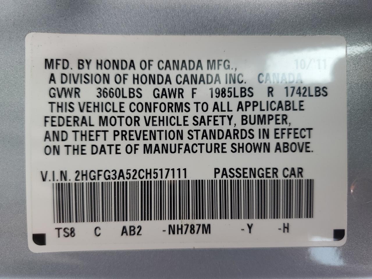 2012 Honda Civic Lx VIN: 2HGFG3A52CH517111 Lot: 59231925