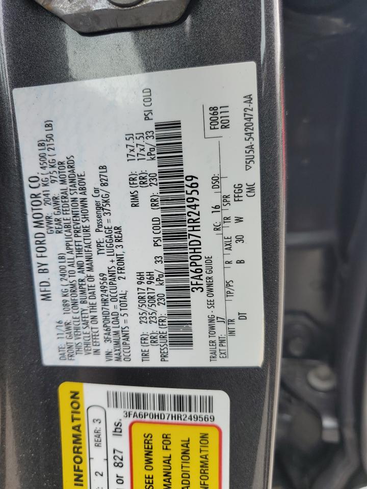 2017 Ford Fusion Se VIN: 3FA6P0HD7HR249569 Lot: 63072895