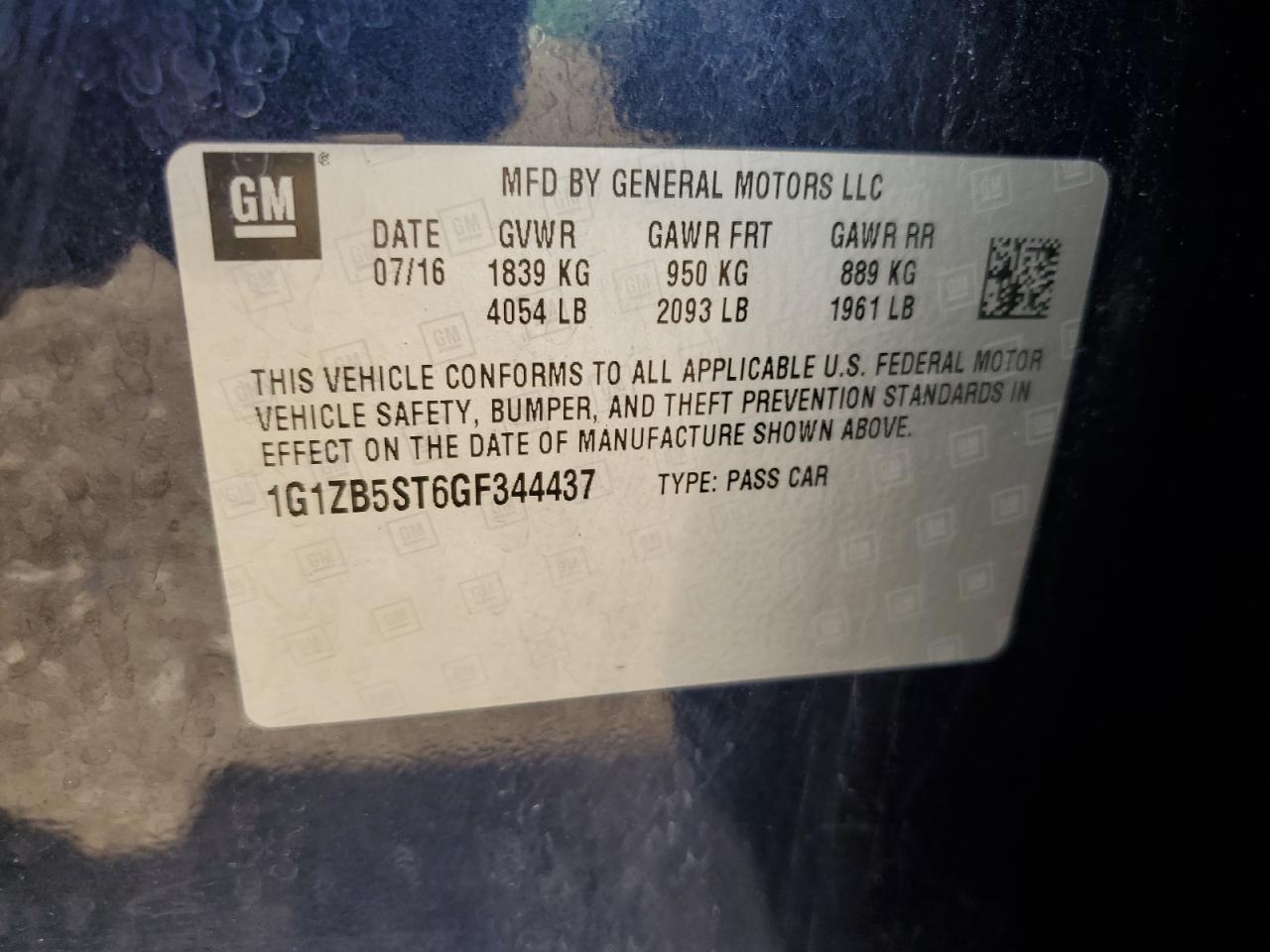2016 Chevrolet Malibu Ls VIN: 1G1ZB5ST6GF344437 Lot: 62717055